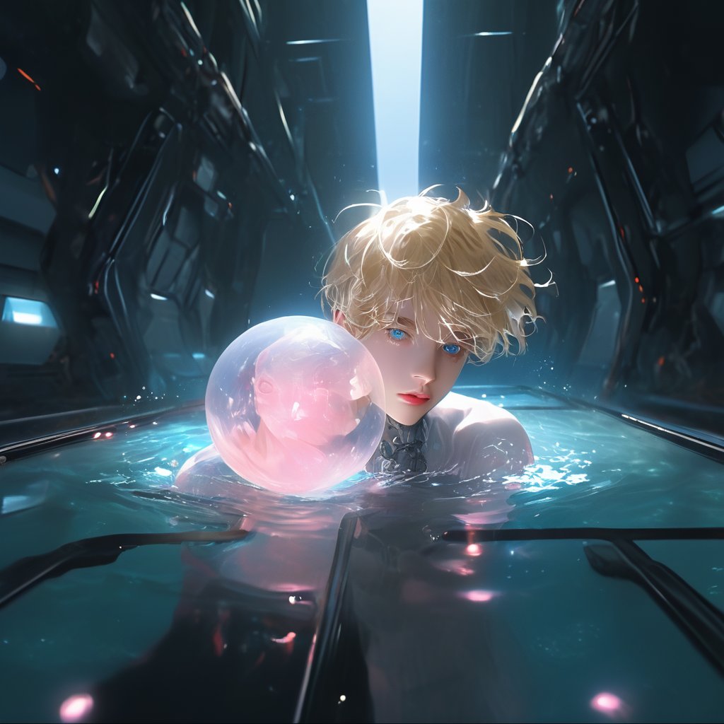 In 'Rebooting Life', an ethereal laboratory setting is bathed in soft, clinical lighting. Vaulted white walls and a large pool of liquid create a futuristic atmosphere. An android boy, with piercing emerald eyes, steel gray hair, and delicate pink accents on his nose, lips, and knees, floats one meter above the floor. His mechanical form glows softly blue as extensions emerge from his limbs, harmonizing with his white-skinned synthetic body. A curious blond- haired human boy peers out from behind an assembly module, captivated by the android's intricate composition.