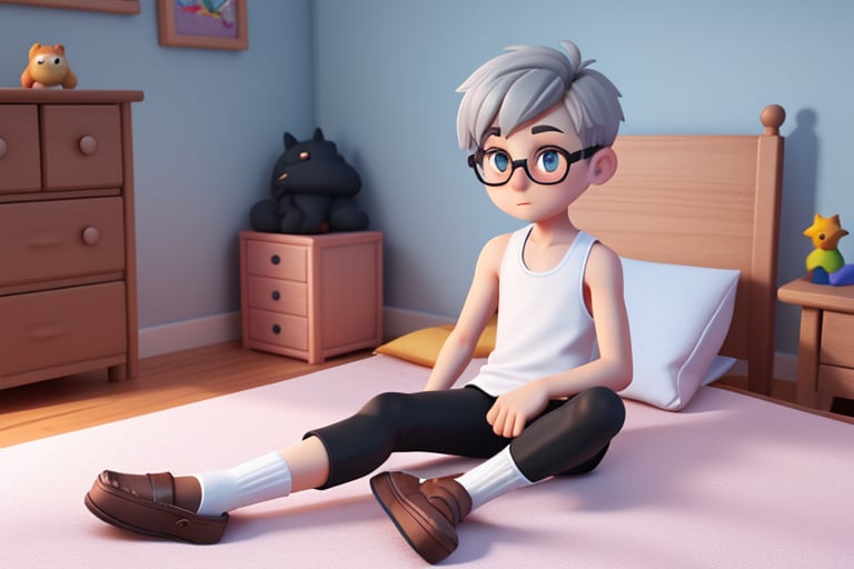 androgynous boy, with pale skin, Round eyeglasses, short hair color silver steel gray, flat chest wearing a withe tank top and black leggings with white socks, Loafers, 3d animated style, rest on the bed in his bedroom play videogames.