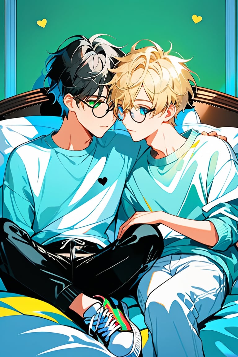In a warmly lit bedroom, reminiscent of Ghilbi's whimsical world, two young male androgynous boyfriends snuggle together, clad in black leather pants and matching shirts. Soft light illuminates their pale skin, with short hair styled for volume framing their youthful faces. The gray-haired boyfriend sports green eyes behind frame eyeglasses, while his partner dons black hair and heterochromia eyes. Bicolor sneakers and backpacks complete their stylish ensembles.

As they rest happily in bed, a blonde boy in a white outfit joins the snuggle party, adding to the warm and cozy atmosphere. The Ghilbi-inspired anime style brings this tender moment to life, capturing the love and affection between these two androgynous couples.