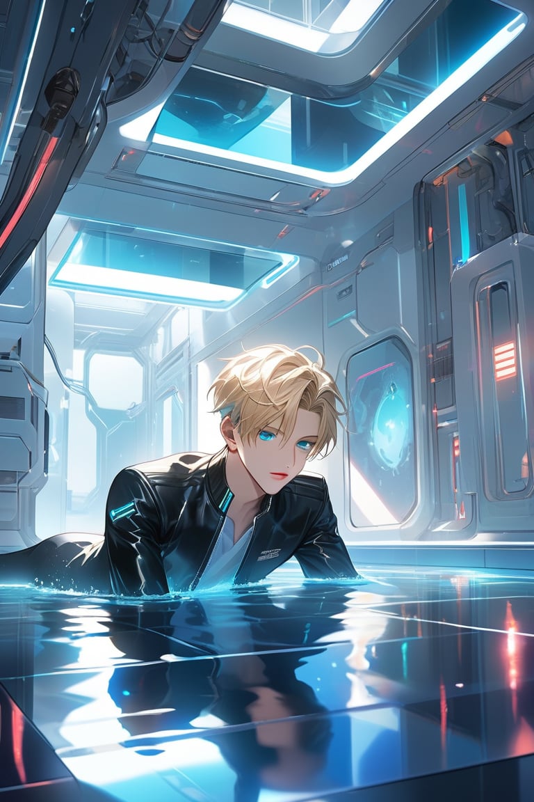 A warm blue glow emanates from the laboratory's polished white floor, casting a soft light on the futuristic setting. Vaulted walls and a large pool of liquid converge to create a clinical atmosphere, where a striking android boy floats one meter above the surface. His piercing emerald eyes gleam as delicate pink accents adorn his nose, lips, and knees. Soft blue hues harmonize with his synthetic body as extensions emerge from his limbs. In the background, a curious blond-haired human boy peeks out from behind an assembly module, captivated by the android's intricate composition.