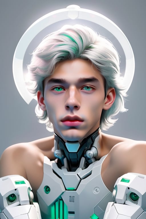 young android boy, androgynous, slightly surprice expression, emerald eyes, steel-grey hair color, discrete pink nose lips and knees, his body being assembled in a laboratory with white walls or domed shapes, the pieces of his mechanical and white-skinned organic body come out through mechanical arms from a pool of liquid under his body, epic style,Sci Fi,(MkmCut),cute blond boy,Mecha body