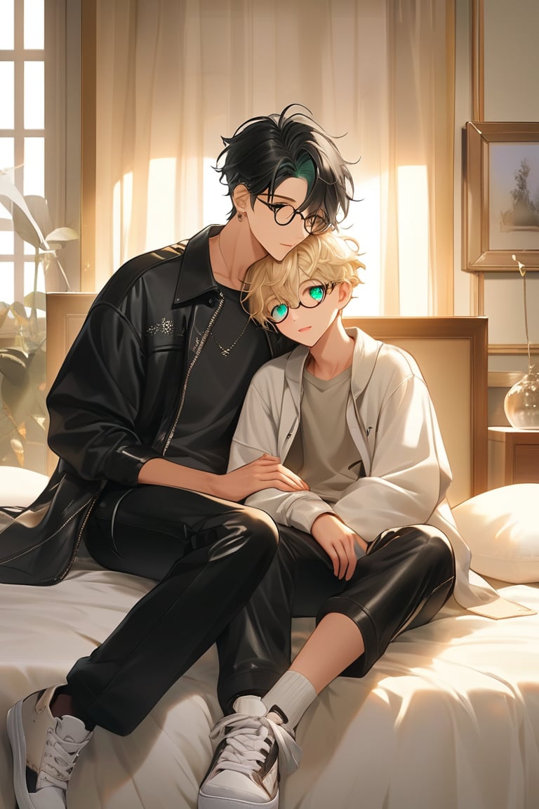 In a warm, golden-lit bedroom reminiscent of Ghilbi's whimsical world, two young male androgynous boyfriends snuggle together. The duo wears black leather pants and matching shirts, their pale skin glowing under the soft light. Short hair, styled in layers for volume with long top strands framing their faces, adds to their youthful charm.

The gray-haired boyfriend sports green eyes behind frame eyeglasses, while his partner dons black hair and heterochromia eyes, a unique feature that sets them apart. Bicolor sneakers and backpacks complete their stylish ensembles.

As they rest happily in bed, a blonde boy in a white outfit joins the snuggle party, adding to the warm and cozy atmosphere. The Ghilbi-inspired anime style brings this tender moment to life, capturing the love and affection between these two androgynous couples.
