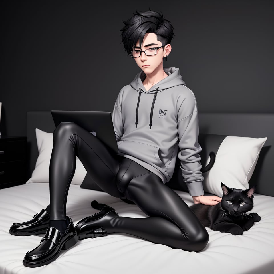 androgynous, boy, with pale skin, Round eyeglasses, discreet masculine earrings, short hair color black, wearing a sligh gray hoodie and black lycra leggings, Loafers, 3d animated style, with his black furry cat sleep in his bed before work in the laptop,otoko_no_ko
