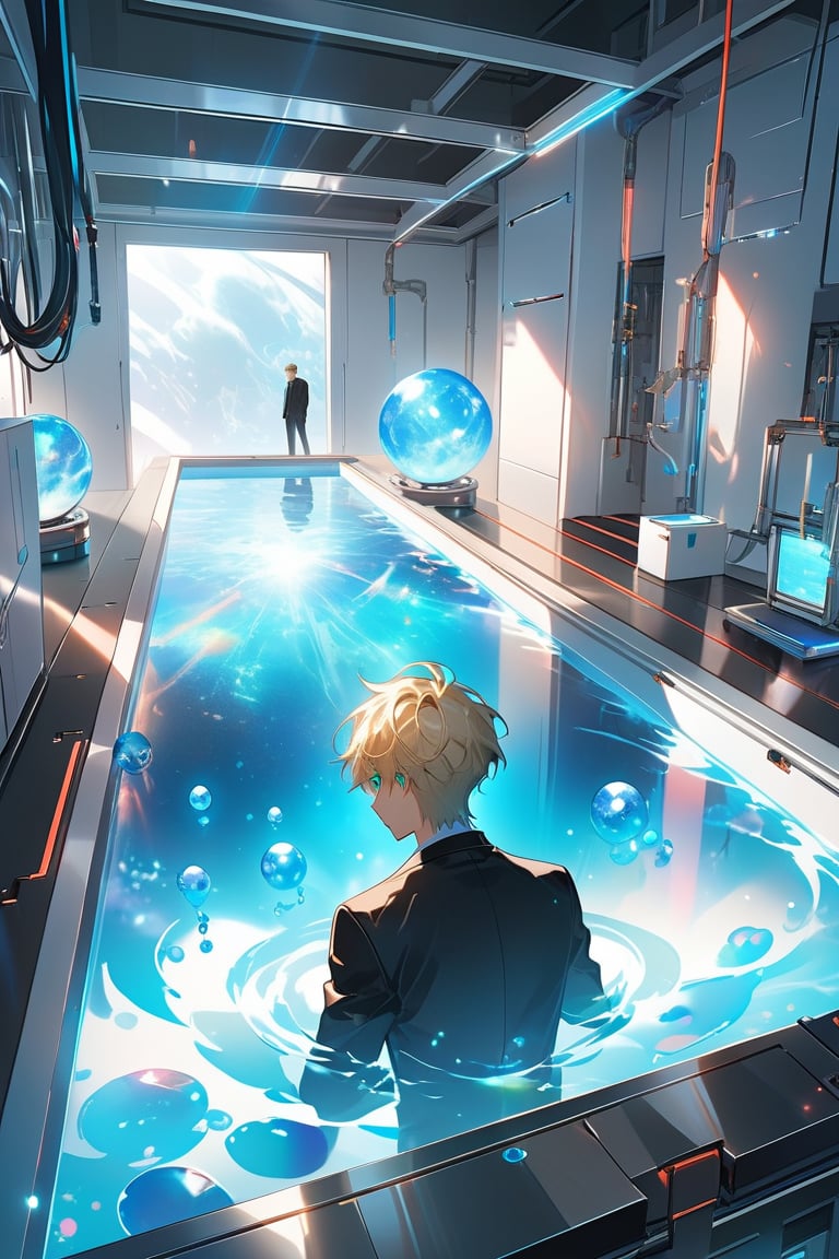 In Rebooting Life, a soft focus illuminates the laboratory setting, casting a warm glow on vaulted white walls and a large pool of liquid. The air is filled with anticipation as an android boy floats one meter above the floor, his ethereal form radiating a gentle blue light. His emerald eyes sparkle, surrounded by steel gray hair and delicate pink accents on his nose, lips, and knees. Extensions emerge from his limbs, harmonizing with his synthetic body, creating a mesmerizing composition. In the background, a curious blond-haired human boy peeks out from behind an assembly module, captivated by the android's intricate design.