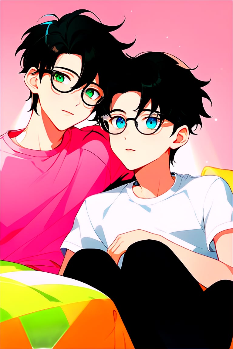 In a warmly lit bedroom, reminiscent of Ghilbi's whimsical world, two young male androgynous boyfriends snuggle together, clad in black leather pants and matching shirts. Soft light illuminates their pale skin, with short hair styled for volume framing their youthful faces. The gray-haired boyfriend sports green eyes behind frame eyeglasses, while his partner dons black hair and heterochromia eyes. Bicolor sneakers and backpacks complete their stylish ensembles.

As they rest happily in bed, a blonde boy in a white outfit joins the snuggle party, adding to the warm and cozy atmosphere. The Ghilbi-inspired anime style brings this tender moment to life, capturing the love and affection between these two androgynous couples.