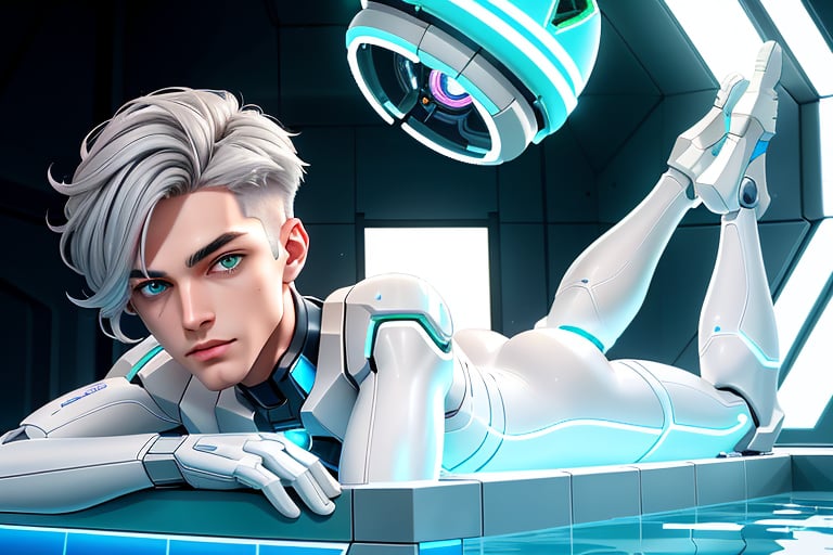 android boy, androgynous,  slightly expression,  emerald eyes, steel-grey hair color, discrete pink nose lips and knees, his body being assembled in a laboratory with white walls or domed shapes, the pieces of his mechanical and white-skinned body come out through mechanical arms from a pool of liquid under his body, epic style,Sci Fi,MECHA,FUTURISTIC