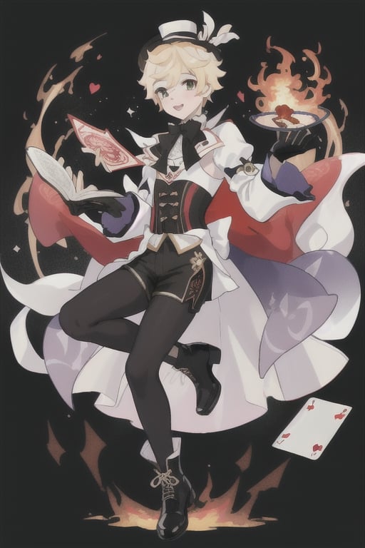Lyney (genshin impact), boy with black and shiny high tights, black gloves, androgynous boy, top hat magician, soft and skinny body, white skin, rose cheeks and nose, short cut blonde hair, Full body shot, victorian corset with shorts and white sleeves, doing a magician show with fire cards and a bow, Silly cat, highres,boy ,1boy, victorian Mid-Calf Boots Black Leather,Manjiro Sano,BoyKisserFur