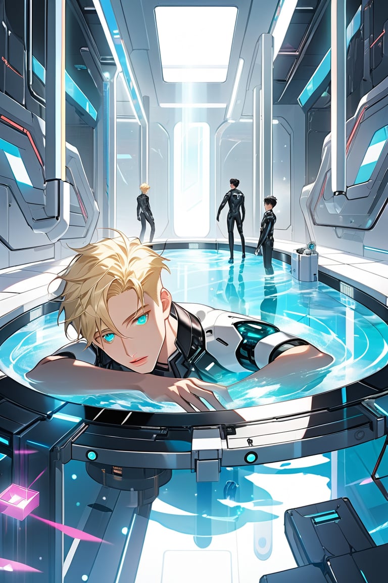 In 'Rebooting Life', an ethereal laboratory setting is bathed in soft, clinical lighting. Vaulted white walls and a large pool of liquid create a futuristic atmosphere. An android boy, with piercing emerald eyes, steel gray hair, and delicate pink accents on his nose, lips, and knees, floats one meter above the floor. His mechanical form glows softly blue as extensions emerge from his limbs, harmonizing with his white-skinned synthetic body. A curious blond- haired human boy peers out from behind an assembly module, captivated by the android's intricate composition.