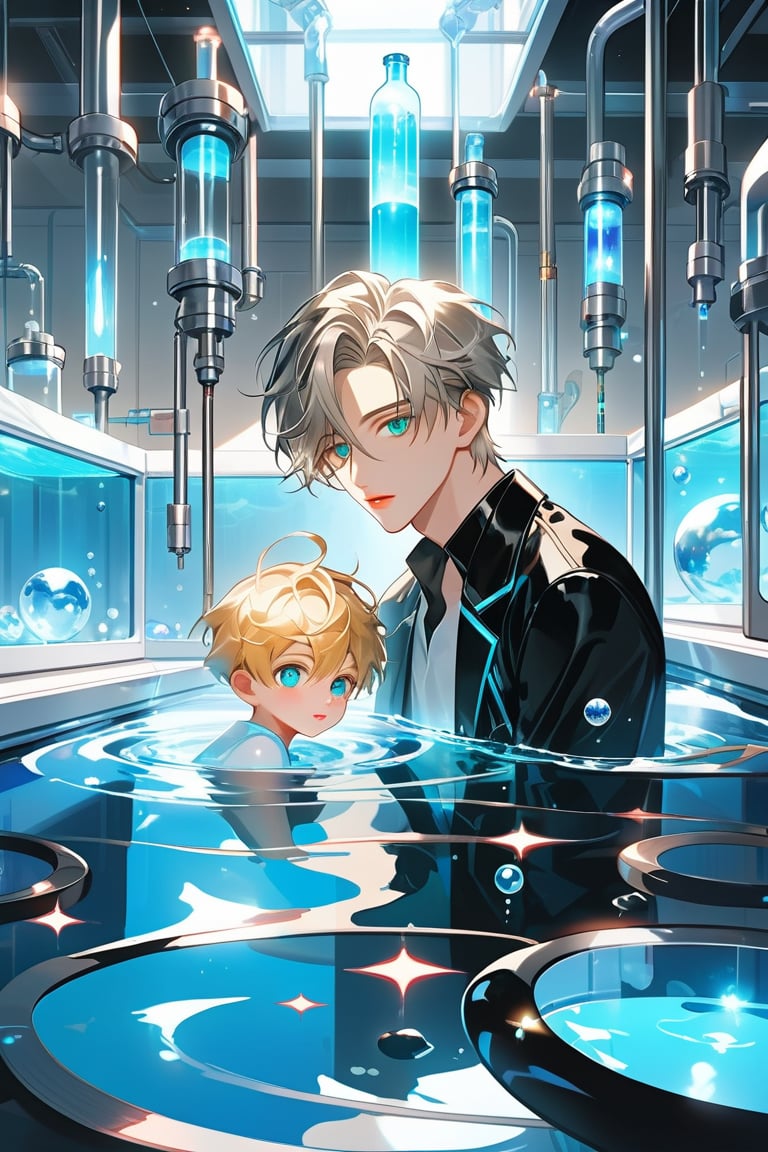 A warm, soft focus glow illuminates the laboratory setting, casting a serene ambiance on vaulted white walls and a large pool of liquid. An android boy floats one meter above the floor, radiating a gentle blue light as he drifts effortlessly amidst the sterile environment. His emerald eyes sparkle, surrounded by steel gray hair and delicate pink accents on his nose, lips, and knees. The harmonious composition of his synthetic body and extensions is mesmerizing. In the background, a curious blond-haired human boy peeks out from behind an assembly module, captivated by the android's intricate design, his shining eyes full of curiosity.