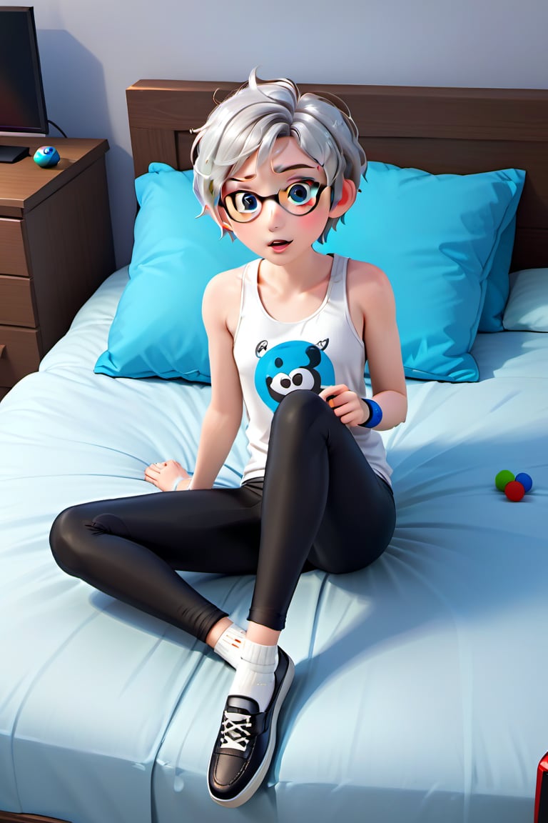 androgynous boy, with pale skin, Round eyeglasses, short hair color silver steel gray, flat chest wearing a withe tank top and black leggings with white socks, Loafers, 3d animated style, rest on the bed in his bedroom play videogames.,disney pixar style,APEX colourful ,SHOE ,Apoloniasxmasbox,Tonikaku 