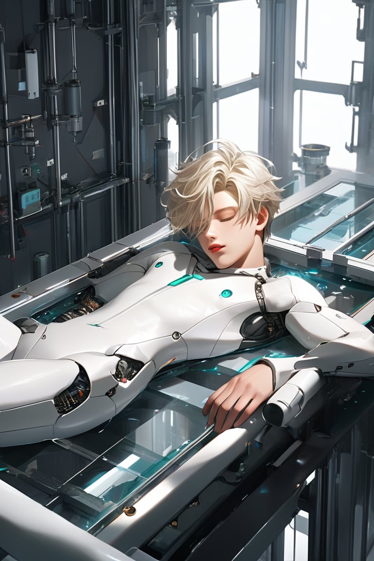 android boy, young male androgynous, 
sleeping, emerald eyes, steel gray hair, discreet pink nose, lips and knees, his body floating one meter from the floor passes through assembly modules that complete it in a laboratory with white walls of shapes Vaulted, the pieces of its white-skinned mechanical body emerge through mechanical extensions from a large pool of liquid under its rail passage, epic visual style,cute blond boy.
