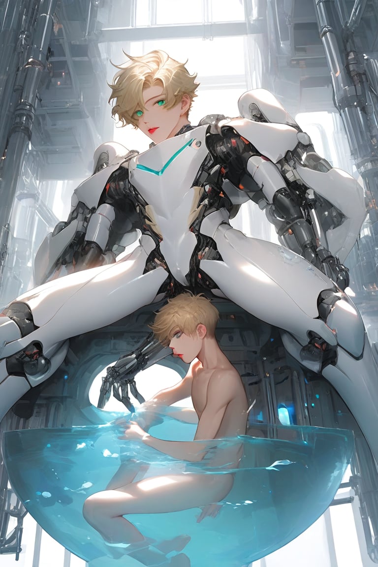 two android boy, two young male androgynous, 
hugged, emerald eyes, steel gray hair, discreet pink nose, lips and knees, his body floating one meter from the floor passes through assembly modules that complete it in a laboratory with white walls of shapes Vaulted, the pieces of its white-skinned mechanical body emerge through mechanical arms from a large pool of liquid under its rail passage, epic visual style,cute blond boy