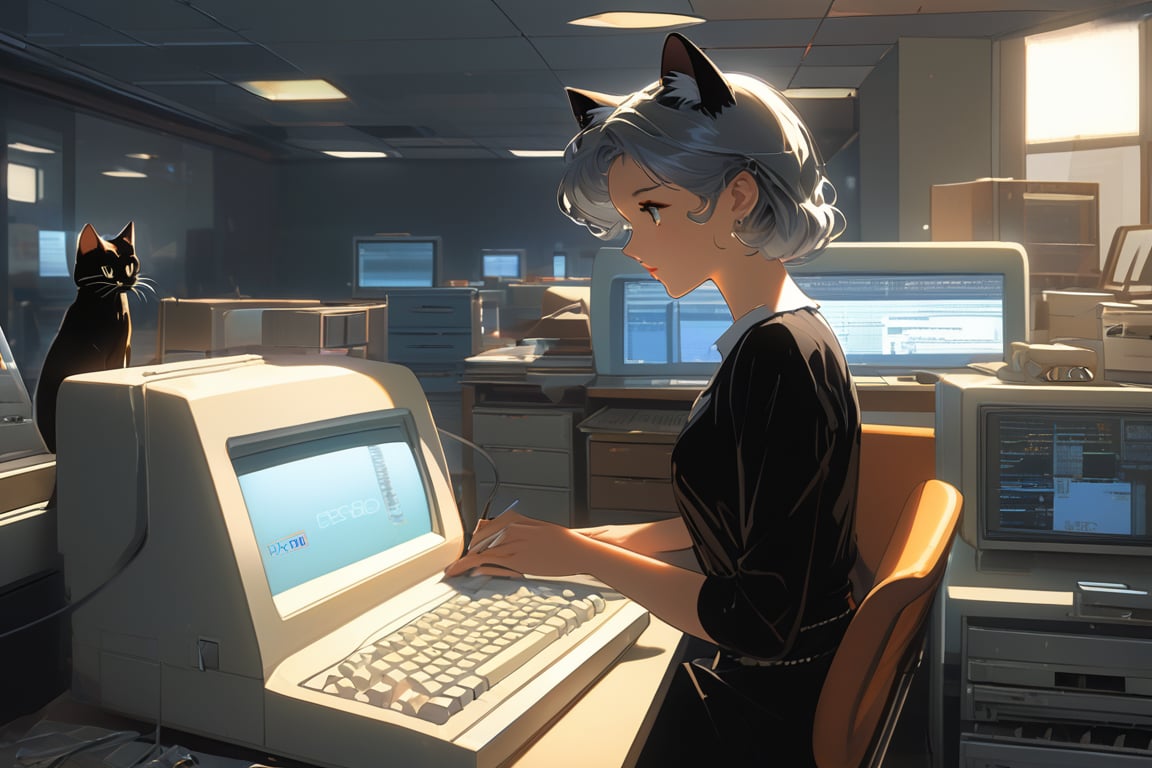 In a nostalgic 1980s setting, a 19-year-old girl with mid-short grey hair, donning cat ears and tail, sits comfortably in an office chair adorned with Antonio Verdeja's embroidery. The chair is situated in front of a metallic desk, where she intently writes on an old Commodore 64 computer from 1982. A small black cat perches beside her, as if observing the scene. The room is filled with IBM System 360 tape stations and vintage office equipment, evoking a sense of nostalgia. In the afternoon light, the warm glow illuminates the girl's determined expression, as she taps away at the computer keyboard, surrounded by the nostalgic ambiance of a bygone era.