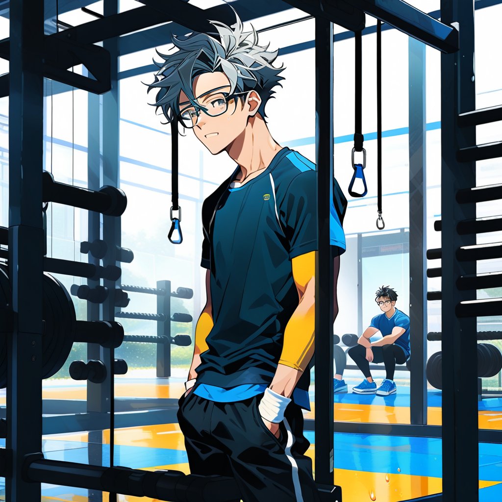 young androgynous boy in black lycra leggings and shirt dressed with  socks, pale skin, drop frame eyeglasses, hair cut is short youthful in layers for volume and long top strands towards the forehead, bicolor sneakers, sweating doing  pull-ups in a gym in the afternoon.,scenery