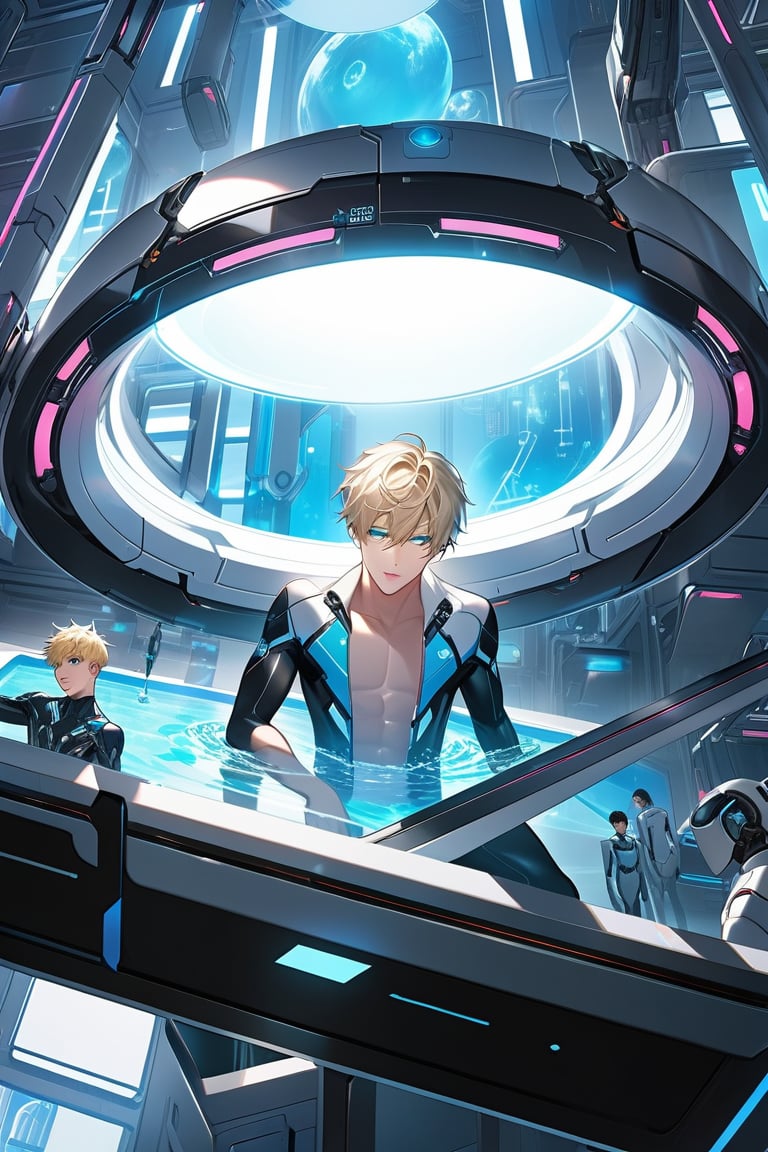 A warm blue glow emanates from the laboratory's polished white floor, casting a soft light on the futuristic setting: vaulted walls and a large pool of liquid converge to create a clinical atmosphere where a striking android boy floats one meter above the surface. His piercing emerald eyes gleam as delicate pink accents adorn his nose, lips, and knees. Soft blue hues harmonize with his synthetic body as extensions emerge from his limbs. In the background, a curious blond-haired human boy peeks out from behind an assembly module, captivated by the android's intricate composition.