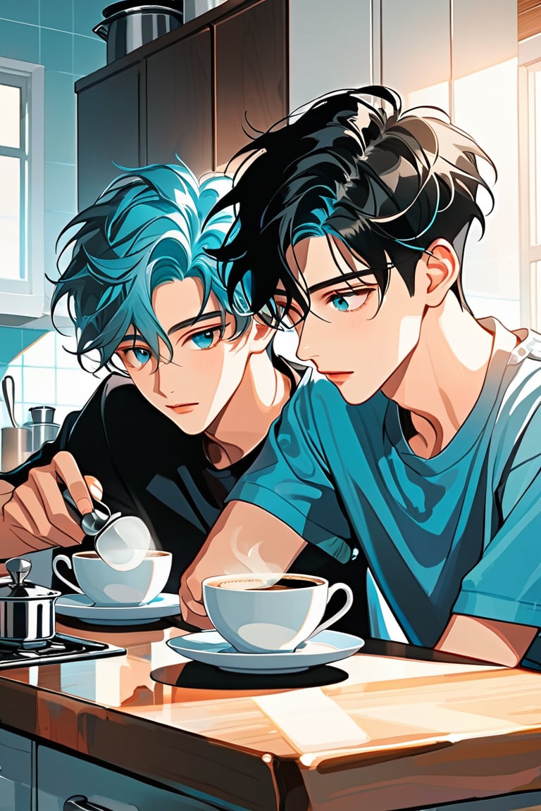 two androgynous boys at a kitchen table making coffee in the morning, after having slept together they only wore their bedding