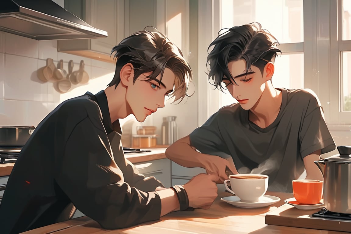 two androgynous boys at a kitchen, one in the stove and the other on table making coffee in the morning, after having slept together they only wore their bedding