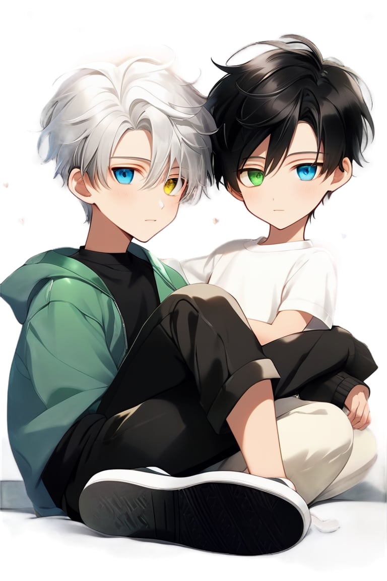 In a warmly lit bedroom, reminiscent of Ghilbi's whimsical world, two young male androgynous boyfriends snuggle together, clad in black leather pants and matching shirts. Soft light illuminates their pale skin, with short hair styled for volume framing their youthful faces. The gray-haired boyfriend sports green eyes behind frame eyeglasses, while his partner dons black hair and heterochromia eyes. Bicolor sneakers and backpacks complete their stylish ensembles.

As they rest happily in bed, a blonde boy in a white outfit joins the snuggle party, adding to the warm and cozy atmosphere. The Ghilbi-inspired anime style brings this tender moment to life, capturing the love and affection between these two androgynous couples.