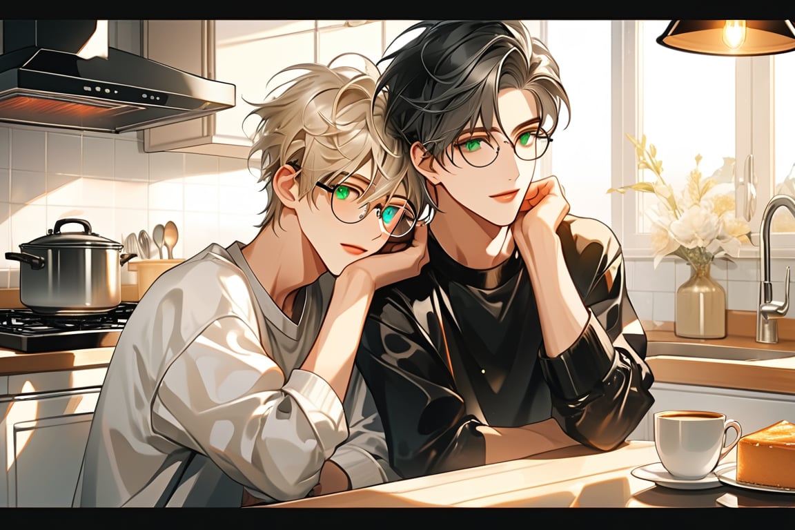 In a warm, golden-lit kitchen reminiscent of Ghilbi's whimsical world, two young male androgynous boyfriends snuggle together. The duo wears black leather pants and matching shirts, their pale skin glowing under the soft light. Short hair, styled in layers for volume with long top strands framing their faces, adds to their youthful charm.

The gray-haired boyfriend sports green eyes behind frame eyeglasses, while his partner dons black hair and heterochromia eyes, a unique feature that sets them apart. Bicolor sneakers and backpacks complete their stylish ensembles.

two androgynous boys at a kitchen, one in the stove and the other on table making coffee in the morning, after having slept together they only wore their bedding, a blonde boy in a white outfit joins the snuggle party, adding to the warm and cozy atmosphere. The Ghilbi-inspired anime style brings this tender moment to life, capturing the love and affection between these two androgynous couples.