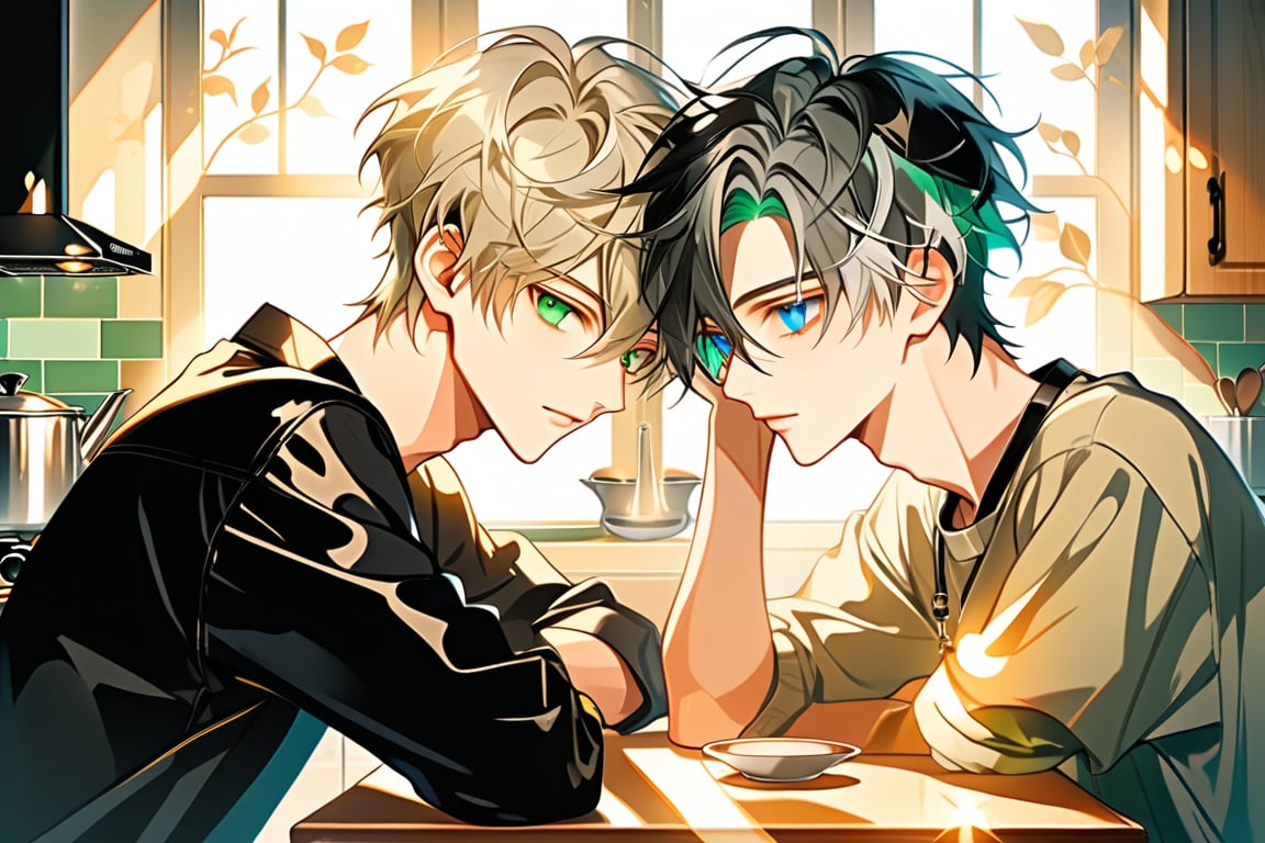 In a warm, golden-lit kitchen reminiscent of Ghilbi's whimsical world, two young male androgynous boyfriends snuggle together on the table, their pale skin glowing under the soft light. The stove in the background, where the third blonde-haired boy joins the scene, brewing coffee as morning sunlight pours in through the window. Black leather pants and matching shirts accentuate their youthful charm, while short hair styled in layers adds volume with long top strands framing their faces. Green-eyed gray-haired boyfriend and black-haired heterochromia-eyed partner share a tender moment, surrounded by gray- and green-hued tones, warm beige, and soft pastel colors.