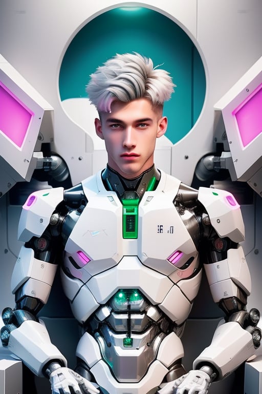 young android boy, androgynous, slightly surprice expression, emerald eyes, steel-grey hair color, discrete pink nose lips and knees, his body being assembled in a laboratory with white walls or domed shapes, the pieces of his mechanical and white-skinned organic body come out through mechanical arms from a pool of liquid under his body, epic style,Sci Fi,(MkmCut),cute blond boy,Mecha body