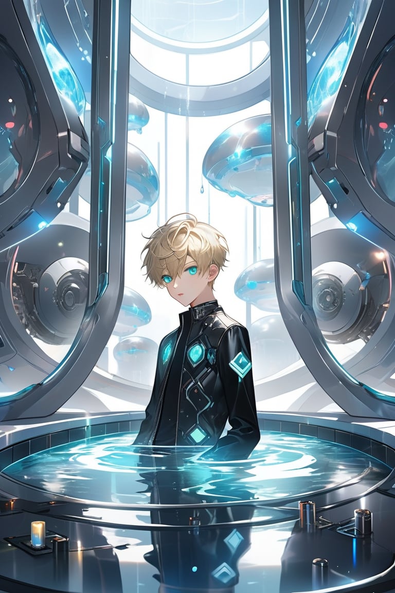 In 'Rebooting Life', an ethereal laboratory setting is bathed in soft, clinical lighting. Vaulted white walls and a large pool of liquid create a futuristic atmosphere. An android boy, with piercing emerald eyes, steel gray hair, and delicate pink accents on his nose, lips, and knees, floats one meter above the floor. His mechanical form glows softly blue as extensions emerge from his limbs, harmonizing with his white-skinned synthetic body. A curious blond- haired human boy peers out from behind an assembly module, captivated by the android's intricate composition.,cute blond boy