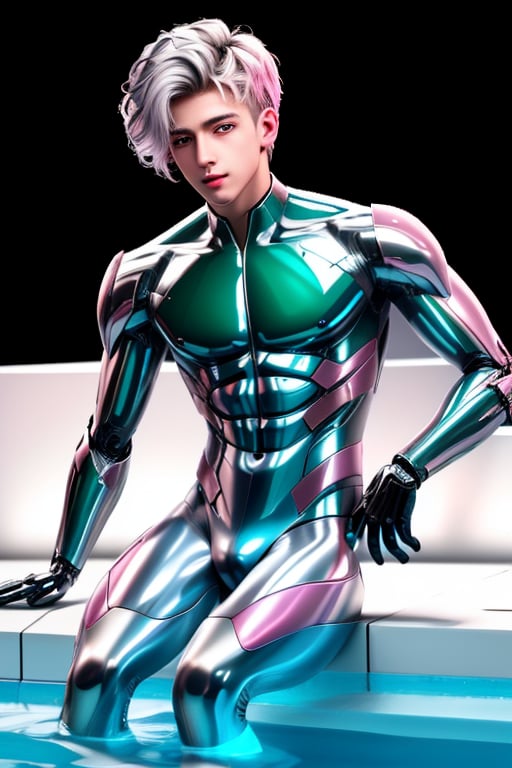 young android boy, androgynous, slightly surprice expression, emerald eyes, steel-grey hair color, discrete pink nose lips and knees, his body being assembled in a laboratory with white walls or domed shapes, the pieces of his mechanical and white-skinned organic body come out through mechanical arms from a pool of liquid under his body, epic style,Sci Fi,(MkmCut),cute blond boy,Mecha body,metallic latex, tights