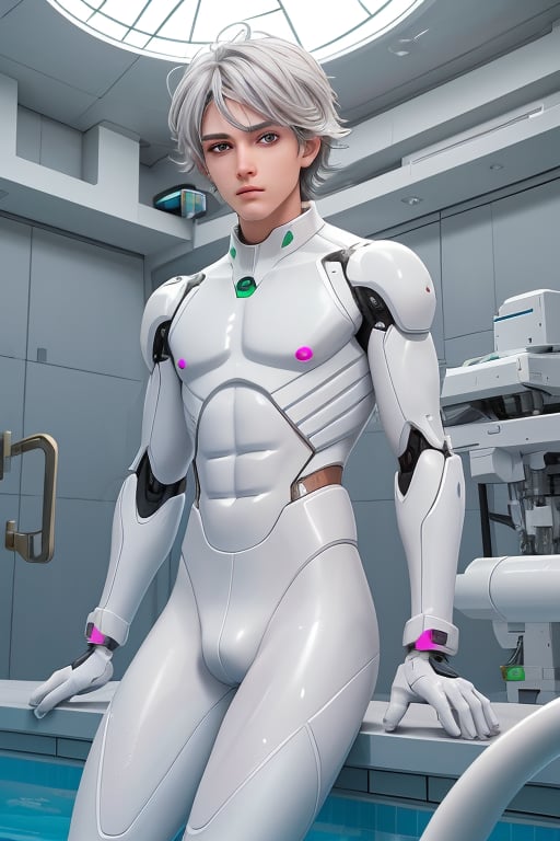 young android boy, androgynous, slightly surprice expression, emerald eyes, steel-grey hair color, discrete pink nose lips and knees, his body being assembled in a laboratory with white walls or domed shapes, the pieces of his mechanical and white-skinned body come out through mechanical arms from a pool of liquid under his body, epic style,