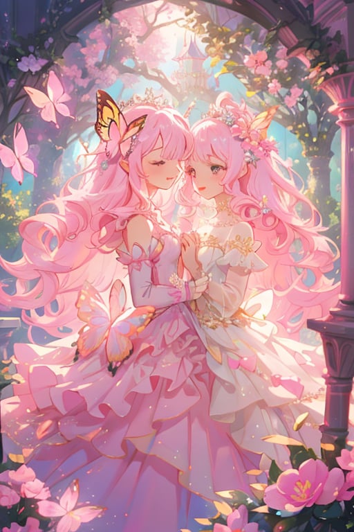 princess, pink hair, pink eyes, pink dress, long hair, flowing hair, gentle smile, graceful, elegant, beautiful, delicate features, rose-themed, floral accents, magical aura, fantasy setting, soft lighting, magical glow, whimsical, dreamlike, enchanting atmosphere, storybook-like, fairytale-inspired, surrounded by nature, magical creatures, enchanting forest, glowing flowers, butterfly accessories, delicate butterfly wings, gentle breeze, flowing dress, peaceful, serene, magical powers, glowing eyes, magical symbols, enchanted rose, fairy tale castle, magical landscape, fantasy art, masterwork, high quality, ultra-detailed, ethereal beauty, otherworldly, fantasy lighting."