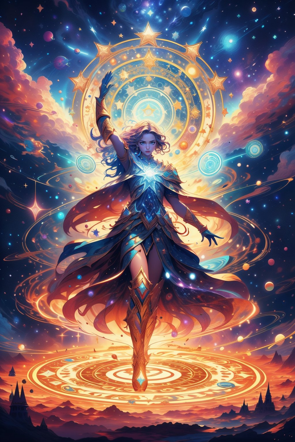 Generate a super exquisite image of a magical female warrior (supermodel). She stands on the magic circle of a six-pointed star, with her hands raised to cast strong magic, space background, magic special effects, light particles,Illustration,portrait,Fantasy,DonMM4g1c