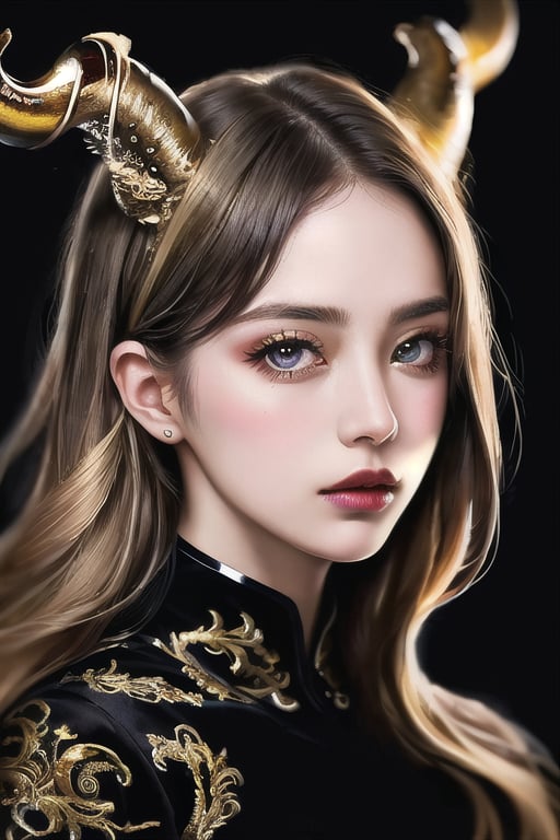 masterpiece, high quality, realistic aesthetic photo ,(HDR:1.2), pore and detailed, intricate detailed, graceful and beautiful textures, RAW photo, 16K, sharp forcus, black background, beautiful face girl, golden hair, deailed black swirly hornes, detailed cool face, eye shadow, shinny black-lips, white fair skin