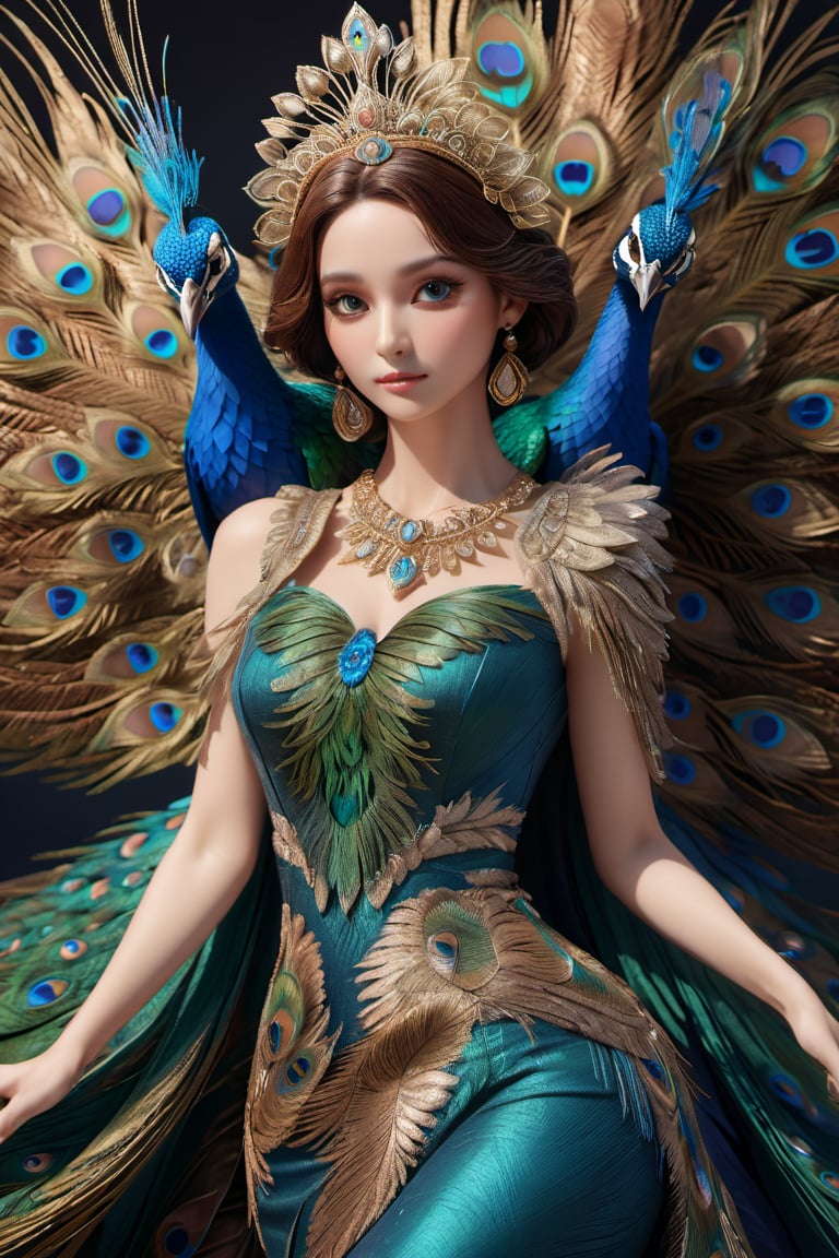(masterpiece:1.3), perfect anatomy, A peacock girl with its wings outstretched in richly-colored feathers, Polarized dress, stylish pose, ((highest quality, 16k, ultra-detailed, super-realism, photo-realistic)), Incredibly beautiful, detailed skin, detailed eyes