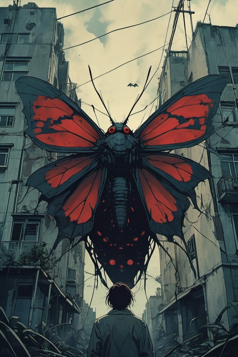 a giant moth fly over the city, red eyes, (from below:1.4), apocalyptic scene, (masterpiece, highest quality, 16k, ultra-detailed, photo-realistic, super-realism),Dark Manga of