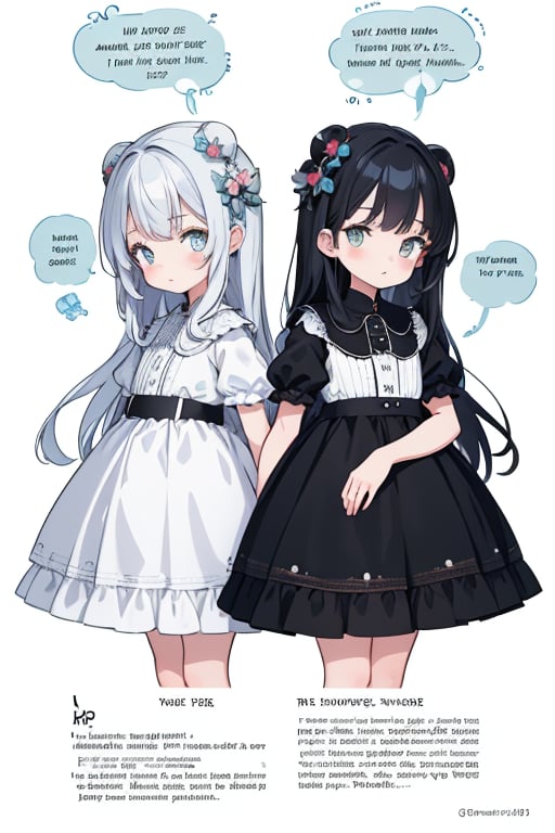 Comparison of twin girls, very cute, equally side by side, fantasy style, white background with explanatory text, from the illustrated book, ((masterpiece, best quality, 8k, ultra-detailed))