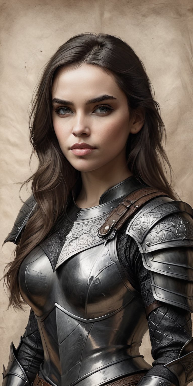 Portrait, (Masterpiece, Best Quality, Photorealistic, High Resolution, 8K Raw), Looking at Viewer, Upper Body, 1 Girl, Solo, Beautiful, stunning, fierce, 30 Years Old, Long Hair, black fantasy armour, dragonscale armour, on parchment,charcoal \(medium\)