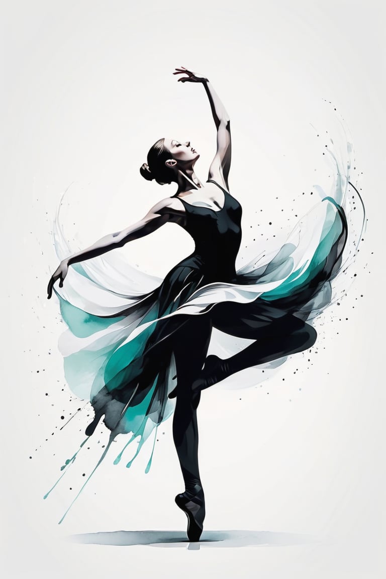 A captivating minimalistic vector art creation, portraying an abstract Nordic ballet figure rendered in a stunning interplay of Super Black and Tiffany ink. The fluid liquid-like appearance of the woman in a pristine white canvas exudes grace and elegance. The negative space accentuates the fluidity of her form, while the conceptual art piece encapsulates the quintessence of femininity in its purest, simplest form. The overall ambiance of the illustration is both thought-provoking and serene, making it a true work of conceptual art., conceptual art, illustration