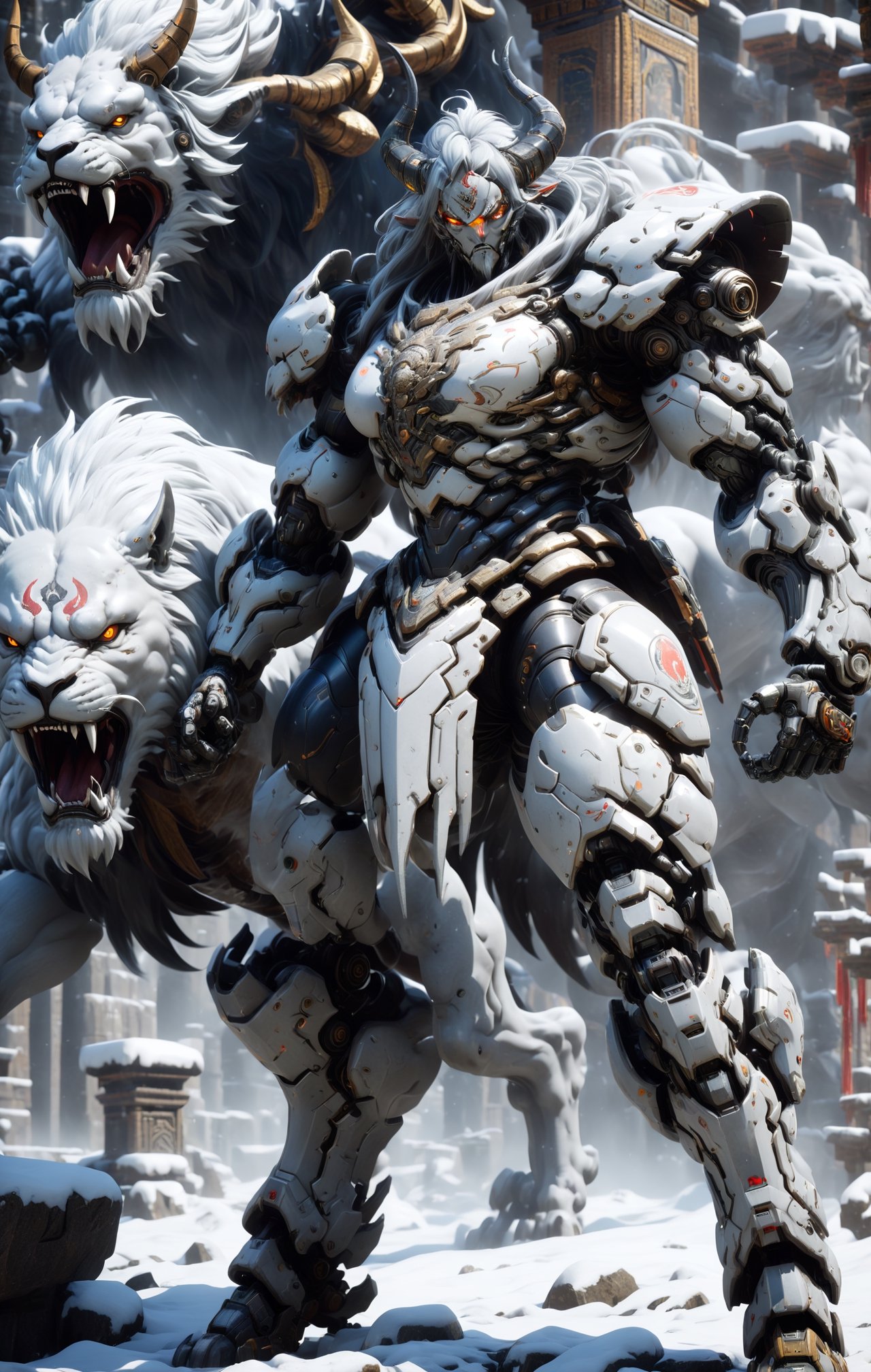 terrifying ultimate Beast centaur with lion half body, cyborg complex armor, fighting pose in middle snowy temple, misty snowstorm, Hyper Detailed, Cinematic Lighting Photography, nvidia rtx, super-resolution, unreal 5, subsurface scattering, pbr texturing, 32k UHD