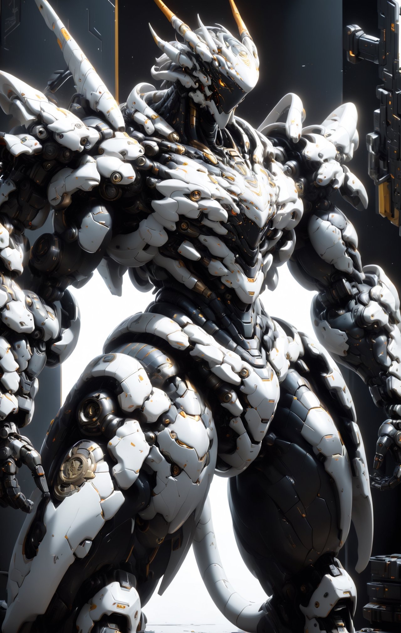 An white dragon Robot Mecha Soldier, Wearing Futuristic gold and black Soldier Armor and Weapons, sitting, front view, Reflection Mapping, Hyper Detailed, Cinematic Lighting Photography, nvidia rtx, super-resolution, unreal 5, subsurface scattering, pbr texturing, 32k UHD