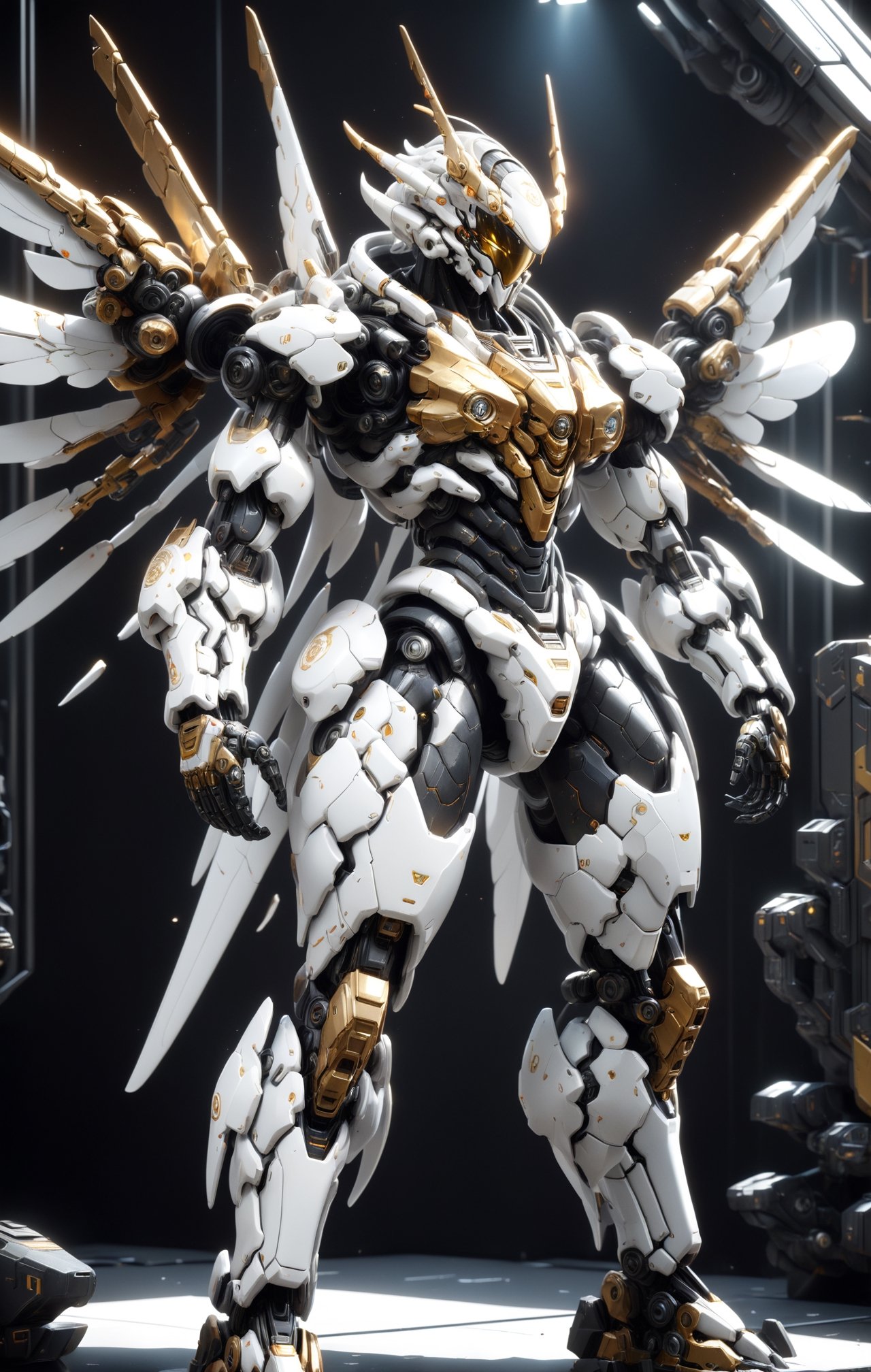 An white dragonic robot mecha soldier, wearing futuristic gold and black soldier armor and weapons, mechanical wing, front view, reflection mapping, hyper detailed, cinematic lighting photography, cowboy shot, nvidia rtx, super-resolution, unreal 5, subsurface scattering, pbr texturing, 32k UHD