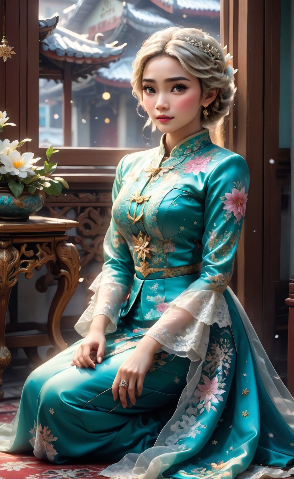 a painting of (ELSA) wearing (peranakan traditional kebaya), (sitting on the floor) (admiring a snowflake) on her hand, bokeh