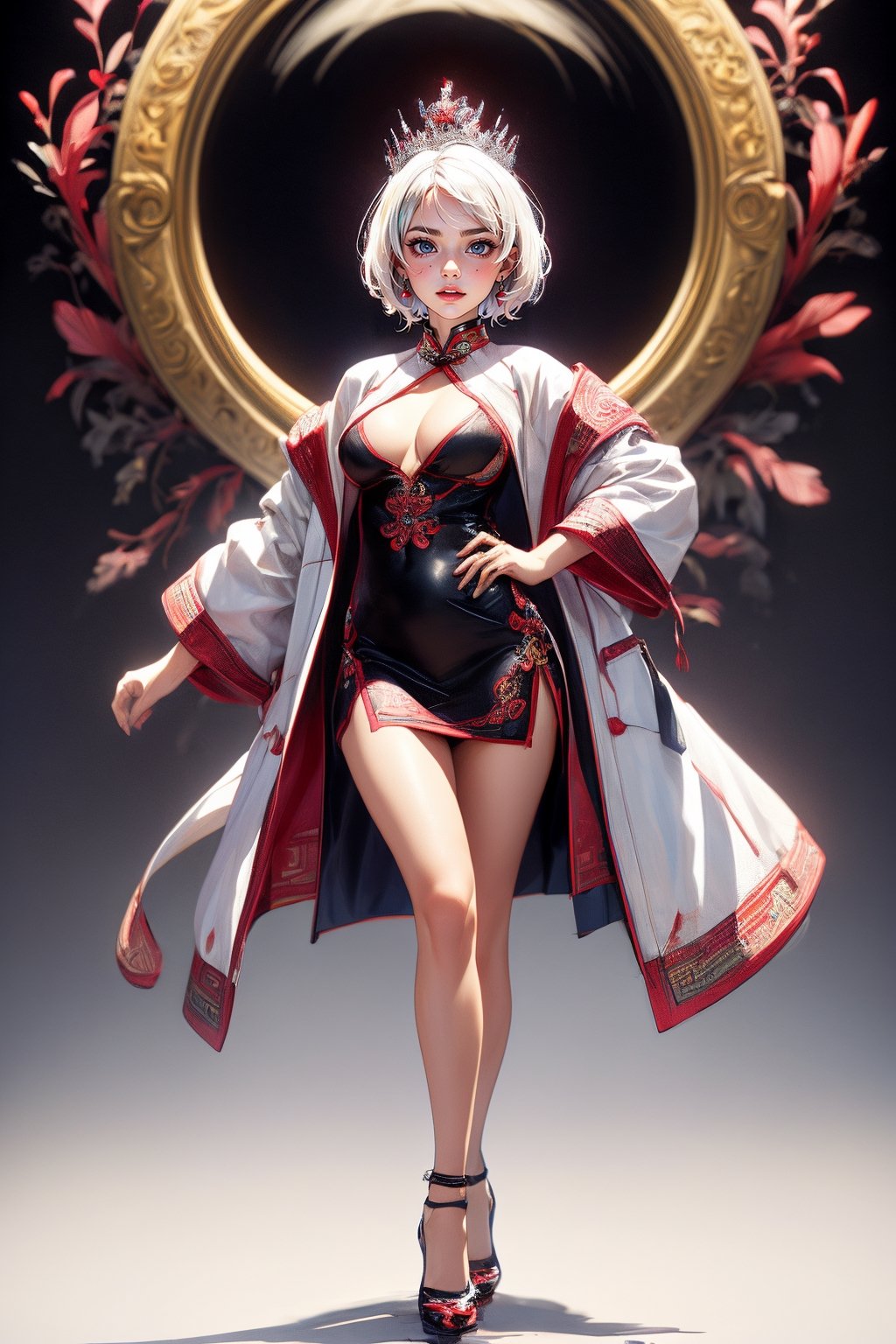 create a full body length of a 1girl, solo, young woman, huge boob, short hair, white hair, blue eyes, smiling, female focus, wearing queen crown, white jacket, white cheongsam, short cheongsam, wearing high heel, front view, standing confidently with spread leg and hands on hip, perfect hands, photorealistic, 8k ultra hd,Short Hair