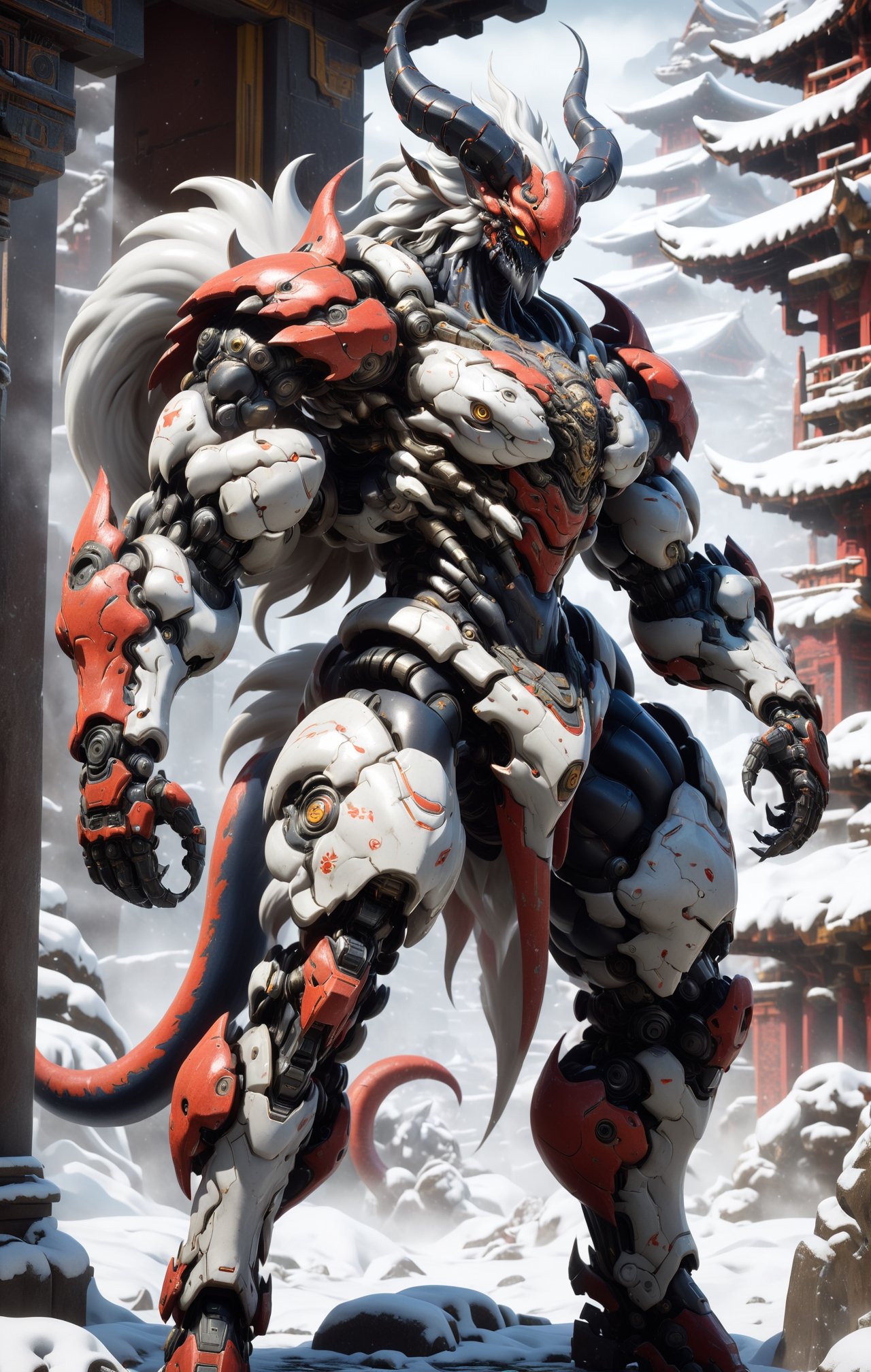 A terrifying ultimate beast centaur with kyubi with 9 tail half body, cyborg complex armor, in a fierce fighting pose amidst a snowy temple, enveloped in a misty snowstorm. Hyper Detailed, Cinematic Lighting Photography capturing every intricate detail, shot on nvidia rtx for realism, showcasing super-resolution and rendered in Unreal 5. Enhanced with subsurface scattering and PBR texturing for a lifelike appearance, in stunning 32k UHD resolution.