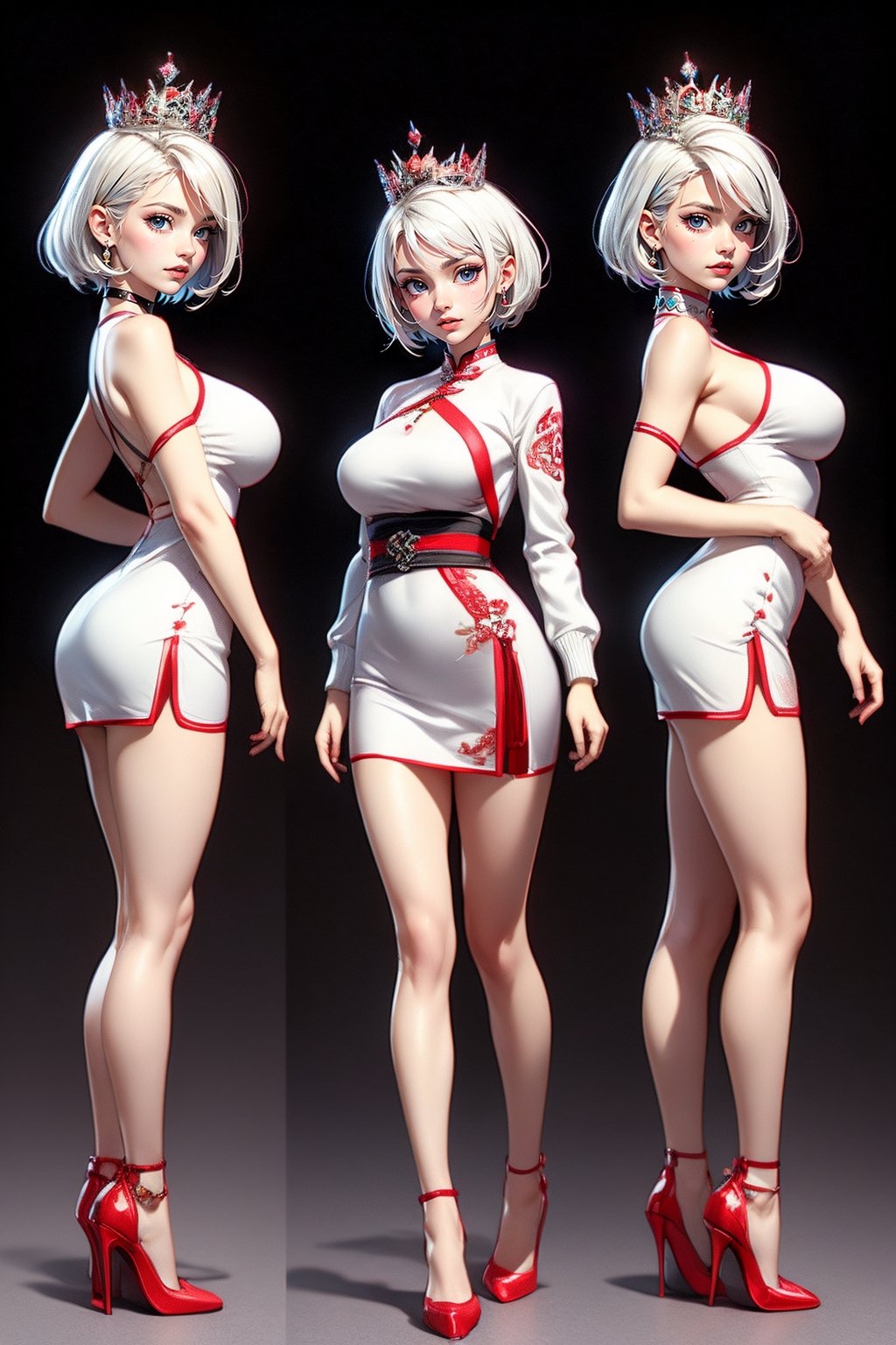 create a full body length of a 1girl, solo, young woman, huge boob, short hair, white hair, blue eyes, smiling, female focus, wearing queen crown, white jacket, white cheongsam, short cheongsam, wearing high heel, back side view, standing confidently with spread leg and hands on hip, perfect hands, photorealistic, 8k ultra hd,Short Hair