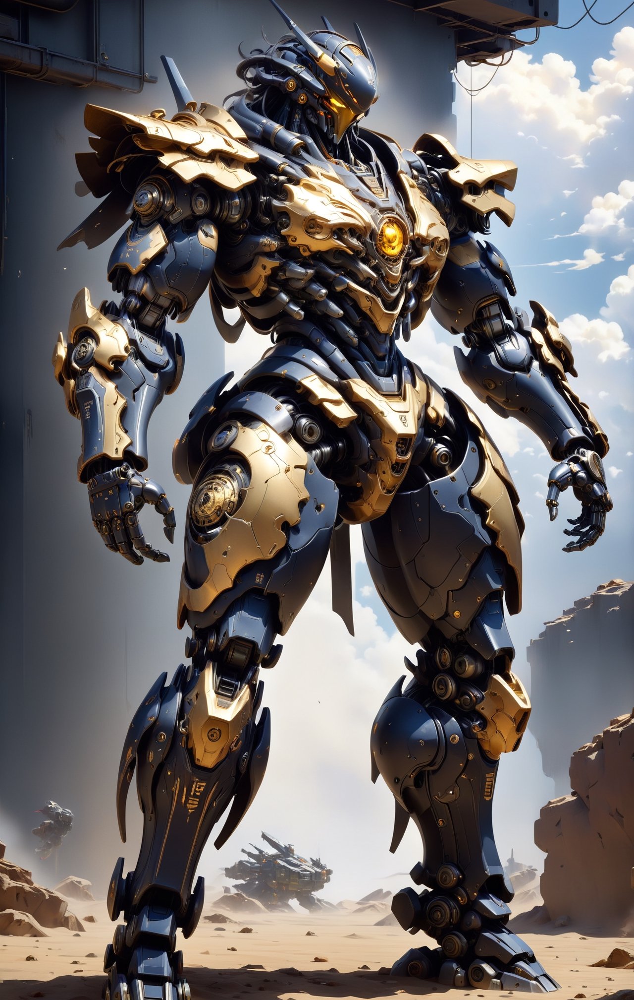 Create image of a detailed, mechanical robot design featuring a prominent deep blue and black color scheme with gold and yellow accents. The robot has complex armor plating with a sleek, non-organic aesthetic. Multiple layers and sections of armor show fine, intricate details, and the interplay of metallic surfaces gives off a reflective quality. Golden Japanese Kanji characters are prominently featured on the chest and various parts of the body, providing a striking contrast to the darker tones. The robot appears to be standing, with one arm slightly raised and the hand gripping a part of its chest armor, which suggests dynamic motion. The background is a blurred sky with clouds that suggest an outdoor setting, with light predominantly coming from above, casting subtle shadows across the robot's form. The use of light and shadow accentuates the three-dimensional aspect of the subject. Some text, including "VEX" and "DOMINATOR," is written on the armor in smaller print, contributing to the militaristic look. nvidia rtx, super-resolution, unreal 5, subsurface scattering, pbr texturing, 32k UHD
