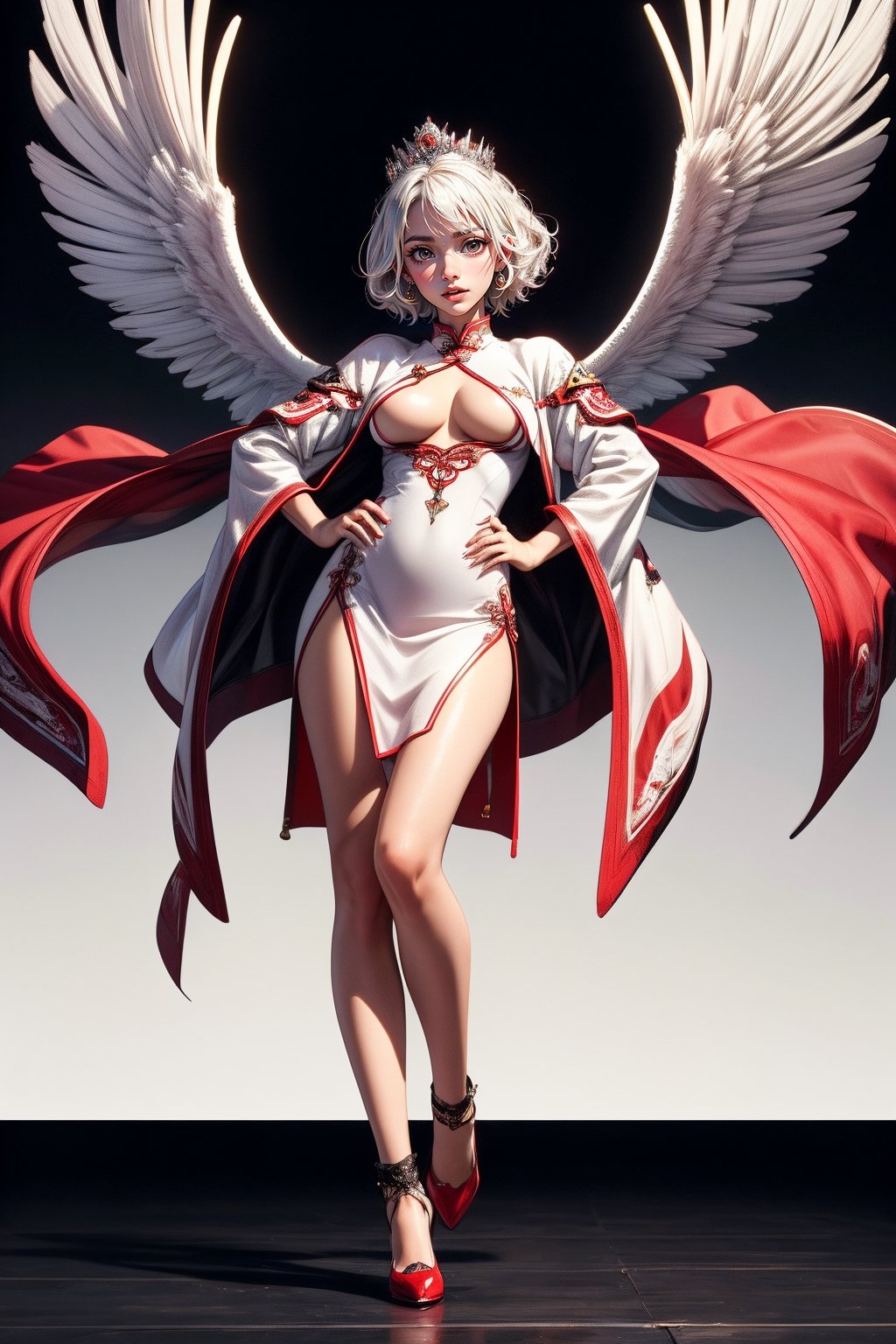 create a full body length of a 1girl, solo, young woman, huge boob, short hair, white hair, blue eyes, smiling, female focus, wearing queen crown, white jacket, white cheongsam, short cheongsam, wearing high heel, front view, standing confidently with spread leg and hands on hip, perfect hands, photorealistic, 8k ultra hd,