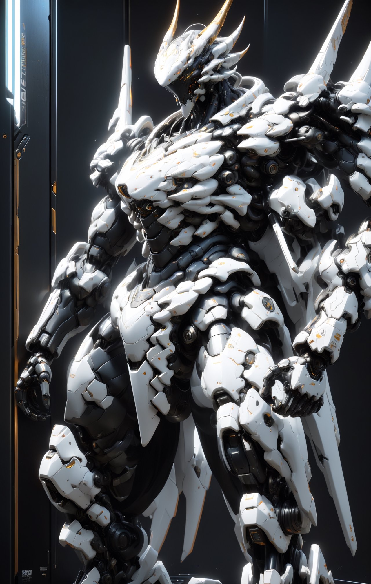 An white dragon Robot Mecha Soldier, Wearing Futuristic gold and black Soldier Armor and Weapons, sitting, front view, Reflection Mapping, Hyper Detailed, Cinematic Lighting Photography, nvidia rtx, super-resolution, unreal 5, subsurface scattering, pbr texturing, 32k UHD