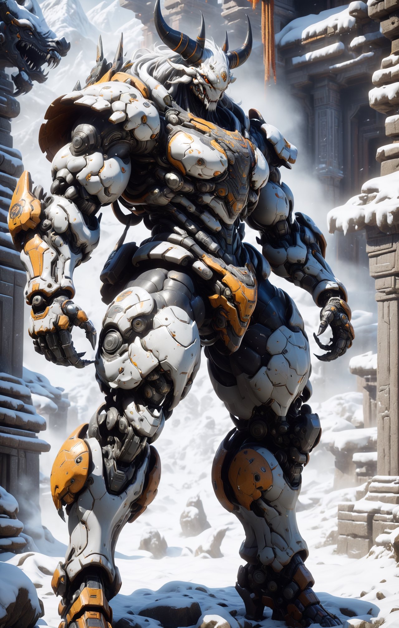 A terrifying ultimate beast centaur with rhino half body, cyborg complex armor, in a fierce fighting pose amidst a snowy temple, enveloped in a misty snowstorm. Hyper Detailed, Cinematic Lighting Photography capturing every intricate detail, shot on nvidia rtx for realism, showcasing super-resolution and rendered in Unreal 5. Enhanced with subsurface scattering and PBR texturing for a lifelike appearance, in stunning 32k UHD resolution.