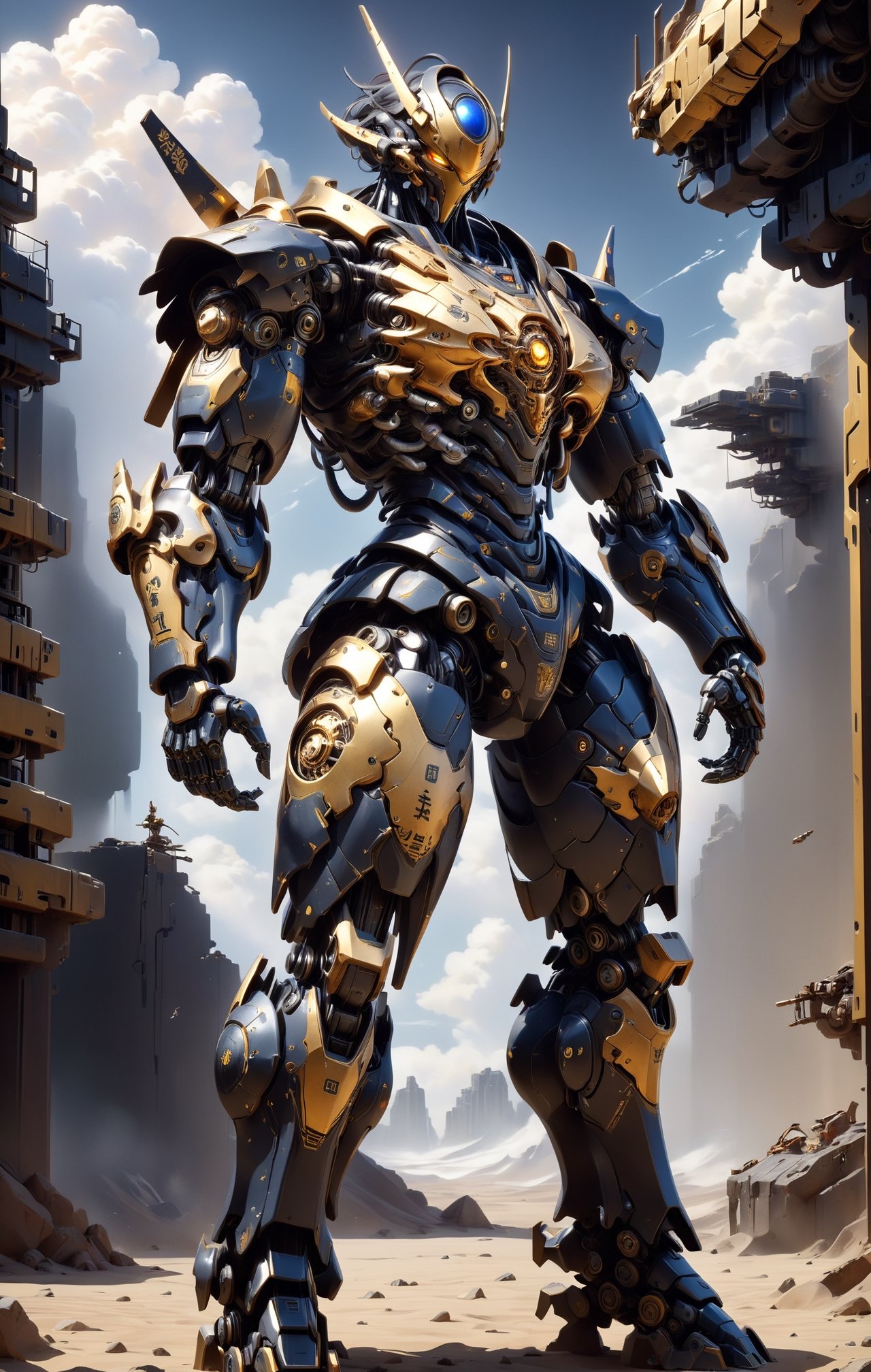 Create image of a detailed, mechanical robot design featuring a prominent deep blue and black color scheme with gold and yellow accents. The robot has complex armor plating with a sleek, non-organic aesthetic. Multiple layers and sections of armor show fine, intricate details, and the interplay of metallic surfaces gives off a reflective quality. Golden Japanese Kanji characters are prominently featured on the chest and various parts of the body, providing a striking contrast to the darker tones. The robot appears to be standing, with one arm slightly raised and the hand gripping a part of its chest armor, which suggests dynamic motion. The background is a blurred sky with clouds that suggest an outdoor setting, with light predominantly coming from above, casting subtle shadows across the robot's form. The use of light and shadow accentuates the three-dimensional aspect of the subject. Some text, including "VEX" and "DOMINATOR," is written on the armor in smaller print, contributing to the militaristic look. nvidia rtx, super-resolution, unreal 5, subsurface scattering, pbr texturing, 32k UHD