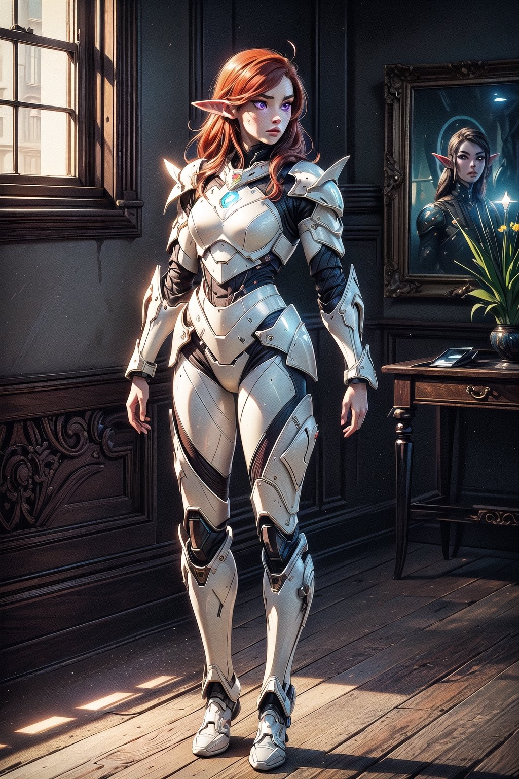 Prompt: masterpiece, best quality,(extremely intricate), (realistic), high tech, maximalism, photorealistic, highly detailed, beautiful girl face, combat, J.C. Leyendecker, ((red hair:1.2)), brench hair, focus face, looking away, volumetric light, realistic:2, 1girl, 8k, intricate, elegant, highly detailed, majestic, digital photography, (masterpiece, sidelighting, finely detailed beautiful eyes: 1.2), hdr, ((full_body:2)), mage, age24:2, elven girl, red hair, long ears, freckles, ((light_purple_eyes:1.2)), ((ivory tech armor:1.4)), ((glowing_iris1.5)), Warframe, shine eyes01, long_ears, chainmail, ((solo_female:1.5)), thin, tall, alone, bulky_armor