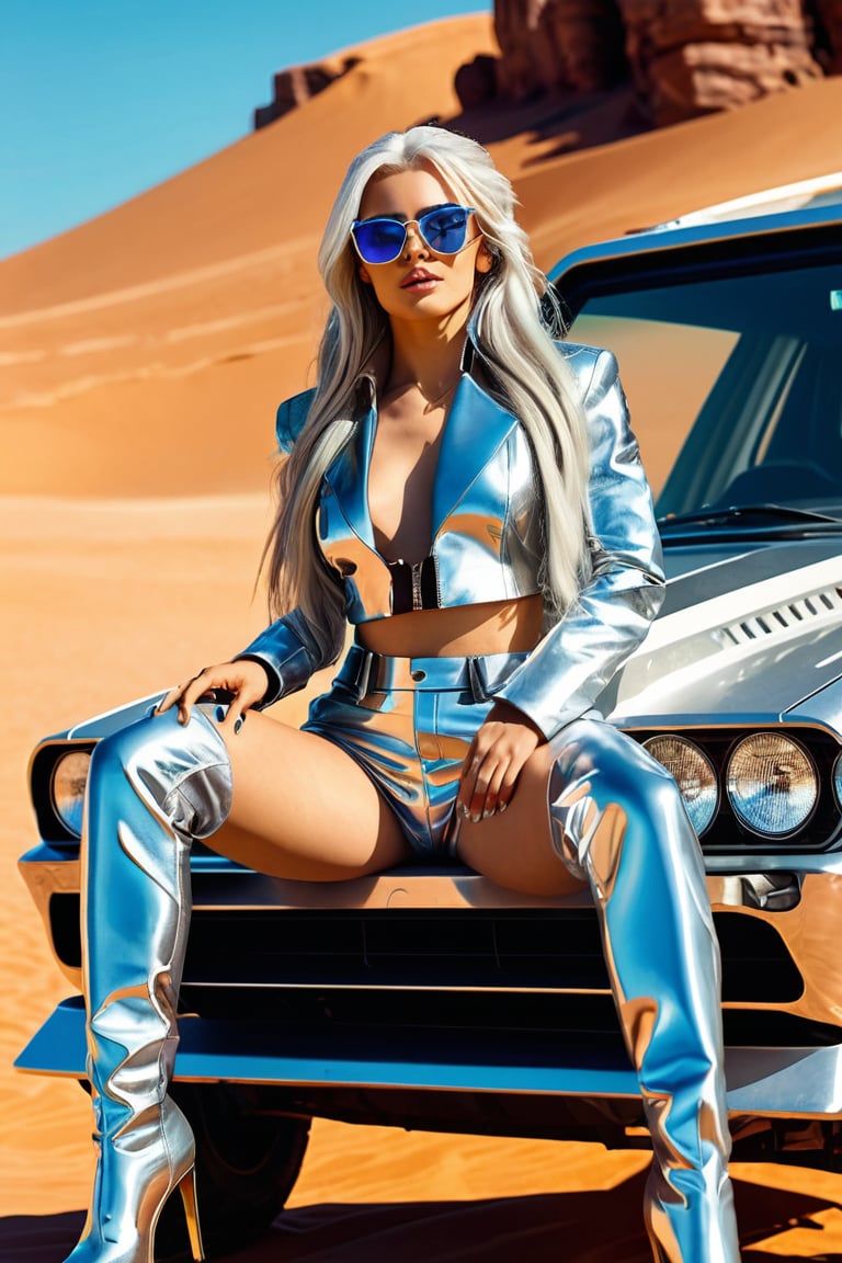 Sexy female character (((wearing sunglasses and long silver hair))) while sitting in the desert, in the style of cyberpunk imagery, realistic hyper-detailed portraits, bodywear, metallic accents, legs, boots, outrun, hyper-realistic pop 